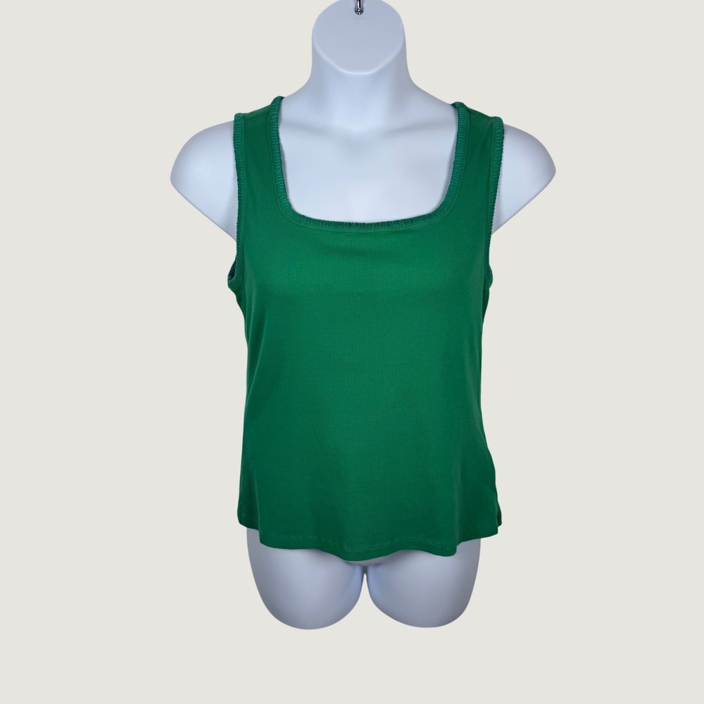 Lands End Green Ribbed Square Neck Tank Top L 14-16 Cotton Blend Stitched Trim